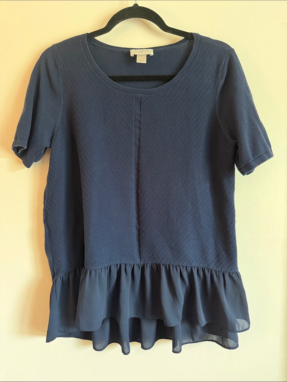 LOFT Navy Short-Sleeve Peplum Ruffle Top size L